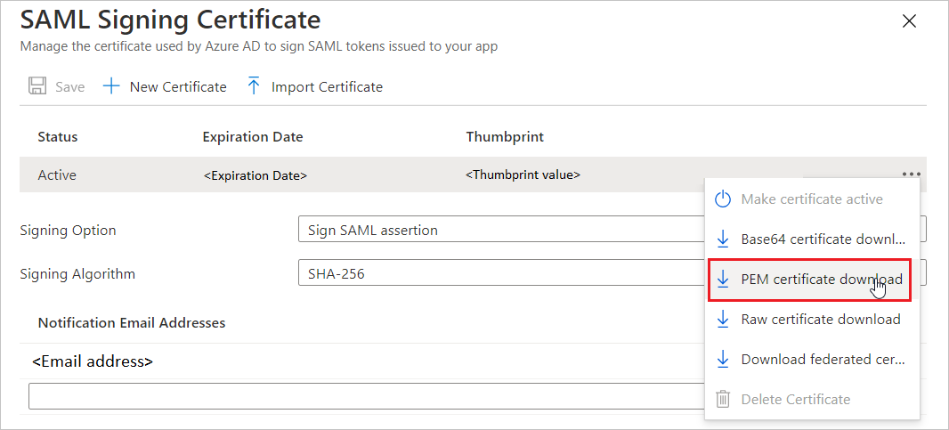 Screenshot that shows how to download the P E M certificate.