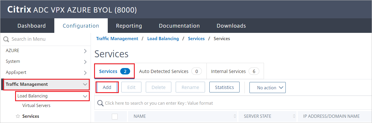 Citrix ADC configuration - Services pane