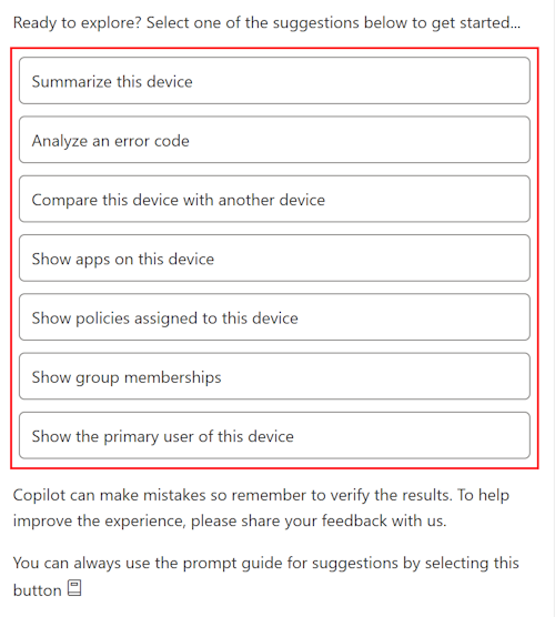 Screenshot that shows the Copilot sample prompts after you select a device in Microsoft Intune or Intune admin center.