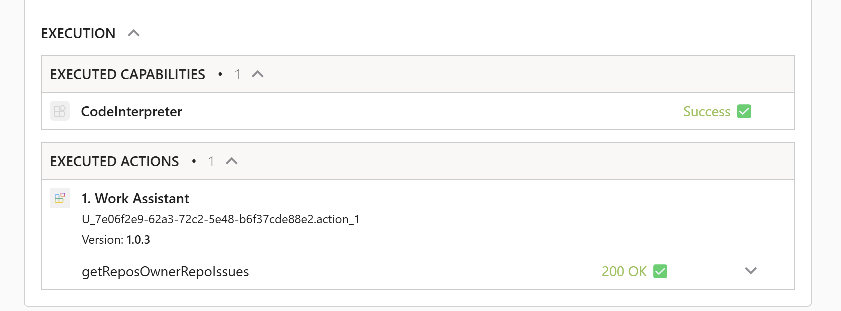 Screenshot of Microsoft 365 Copilot session where Copilot has returned a card with debugging information showing executed capabilities