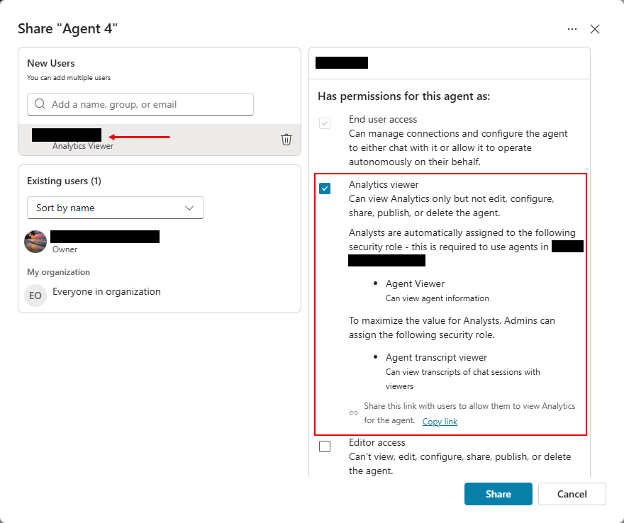 Screenshot of the Share agent pane granting Analytics Viewer access to a user.