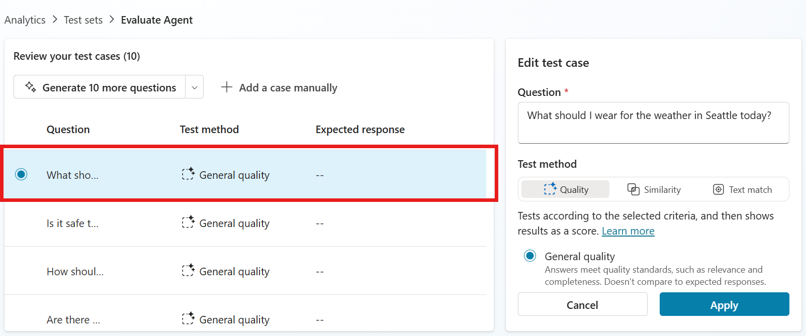 Screenshot showing the list of test cases.