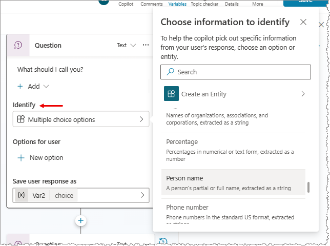 Screenshot of a Question node with the Choose information to identify menu open and the Person name entity highlighted.