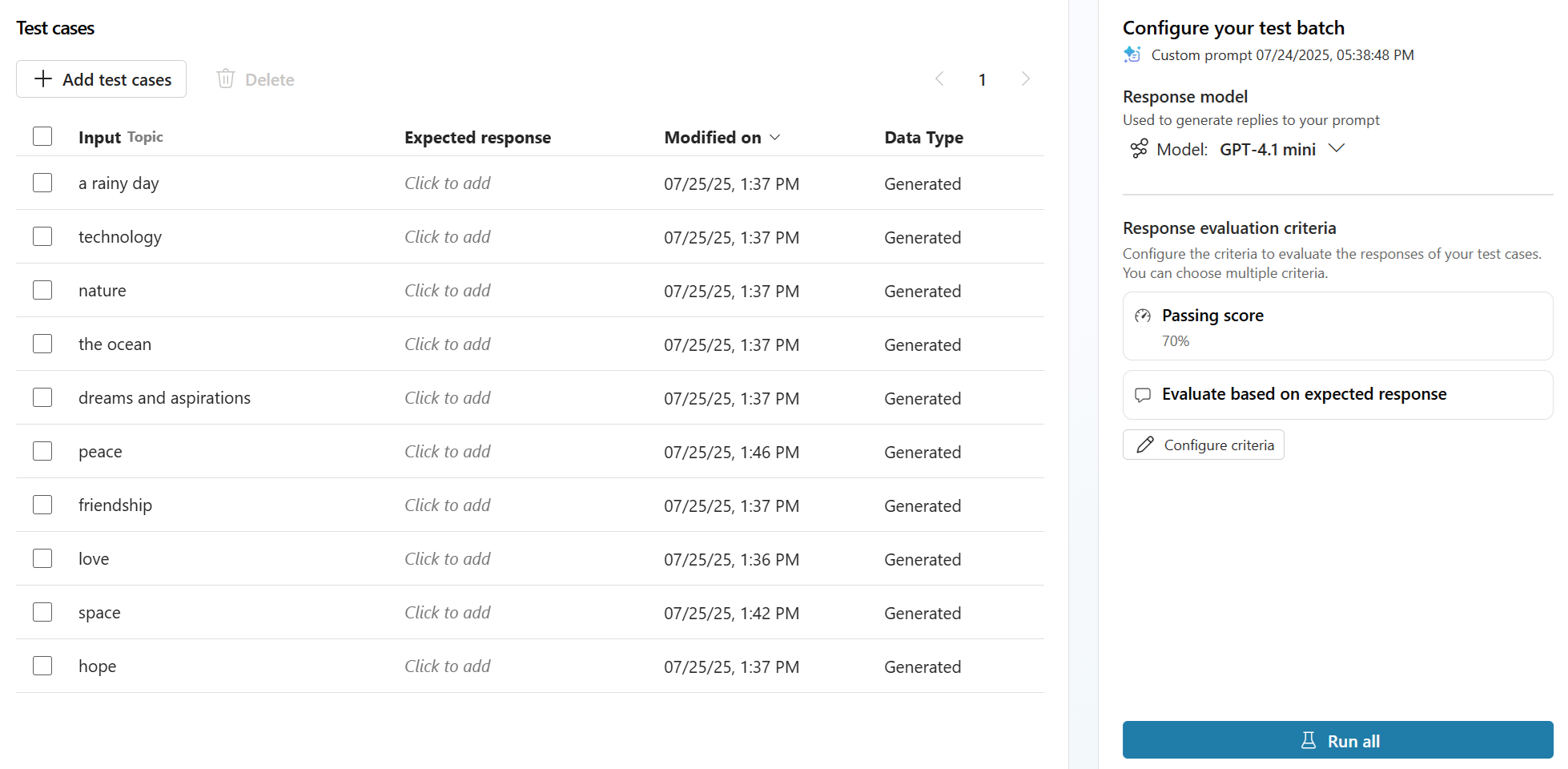 Screenshot of tests to run.