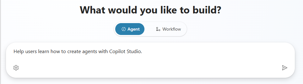 Screenshot of the area where you can describe your agent on the Home page of Copilot Studio.