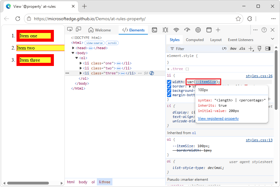 Tooltip for the at-property CSS at-rule