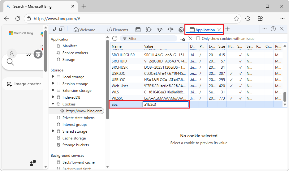 Adding text in the Name and Value cells of an empty row