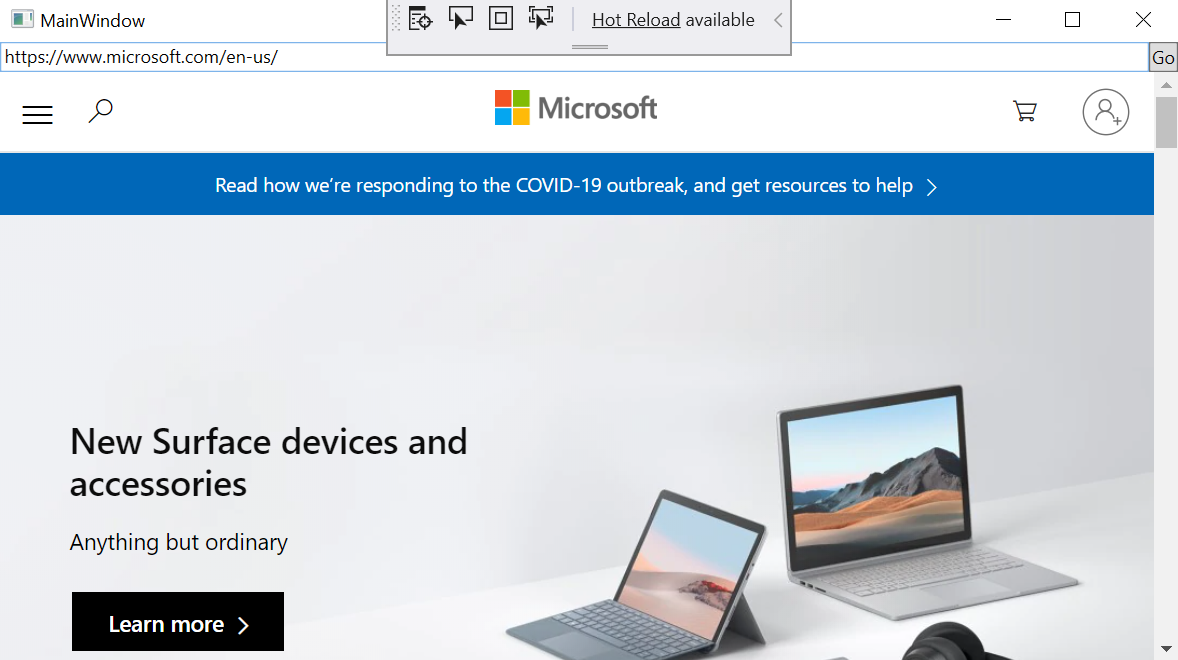 The sample app displays the URI in the Address bar and the Microsoft website