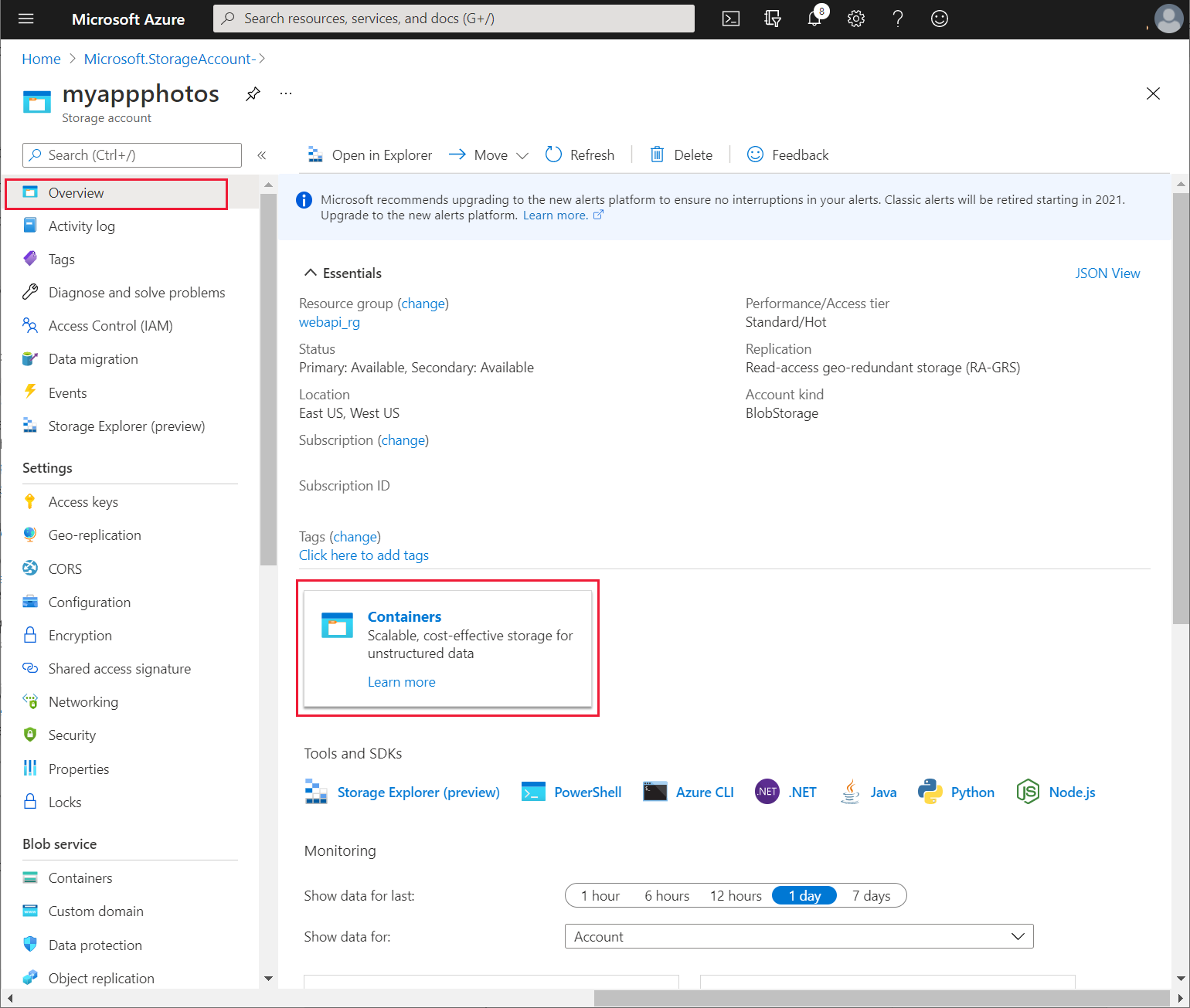 Halaman Gambaran keseluruhan akaun storan.