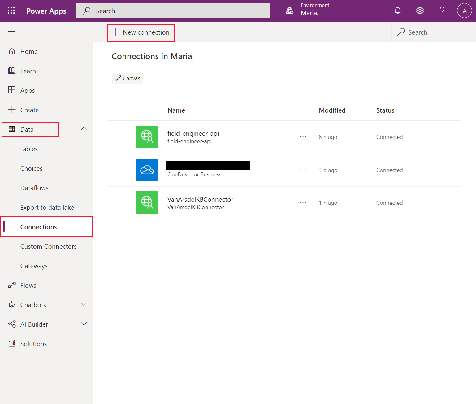 Halaman sambungan Power Apps.