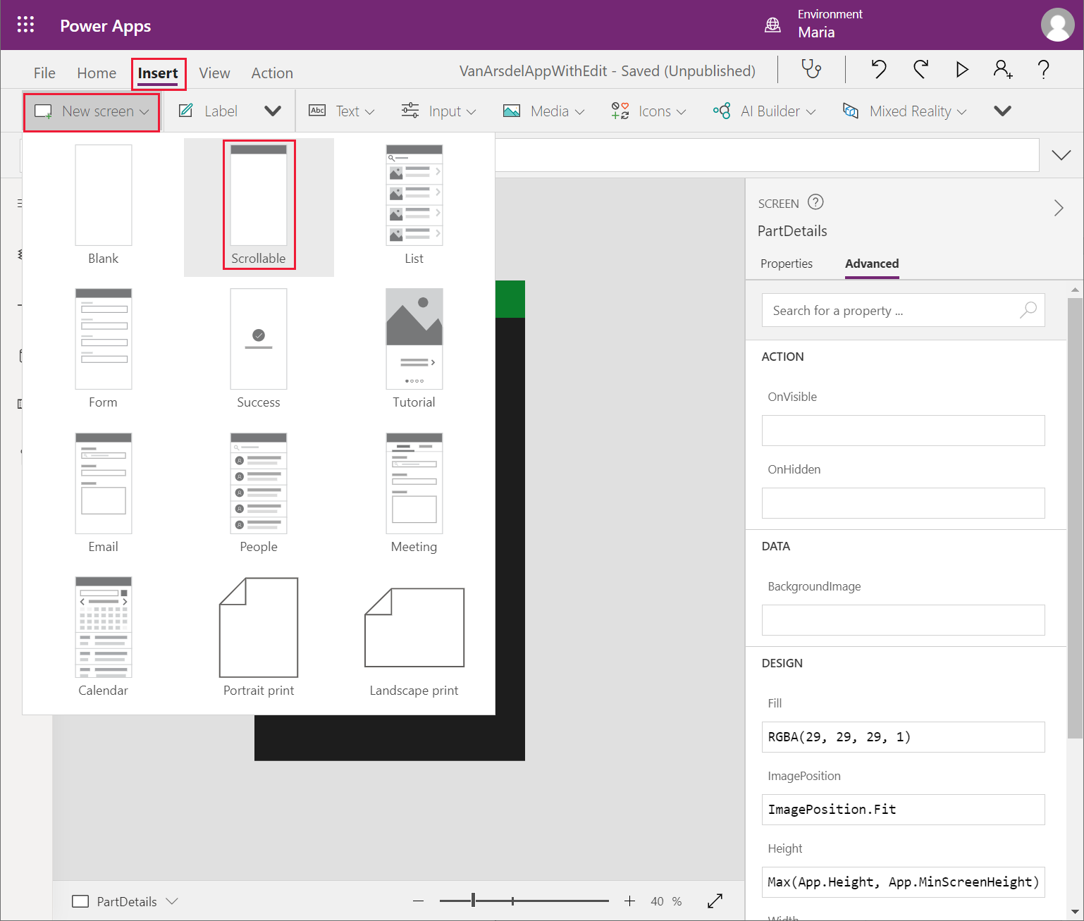 Skrin baharu daripada templat Boleh tatal.
