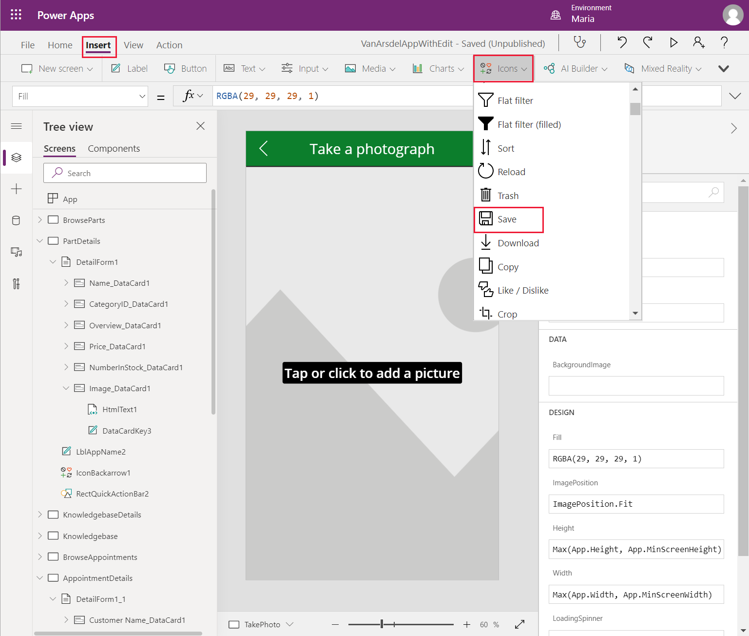 Tambah kawalan ikon Simpan.
