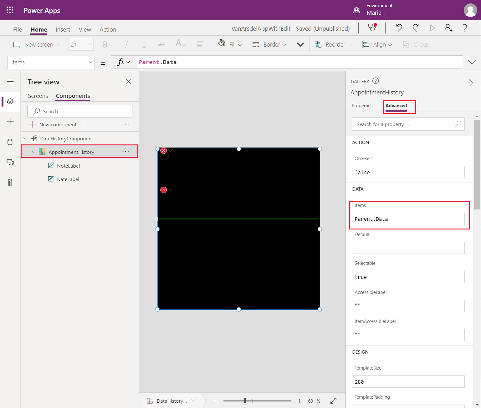Kemas kini sifat Item untuk kawalan galeri.