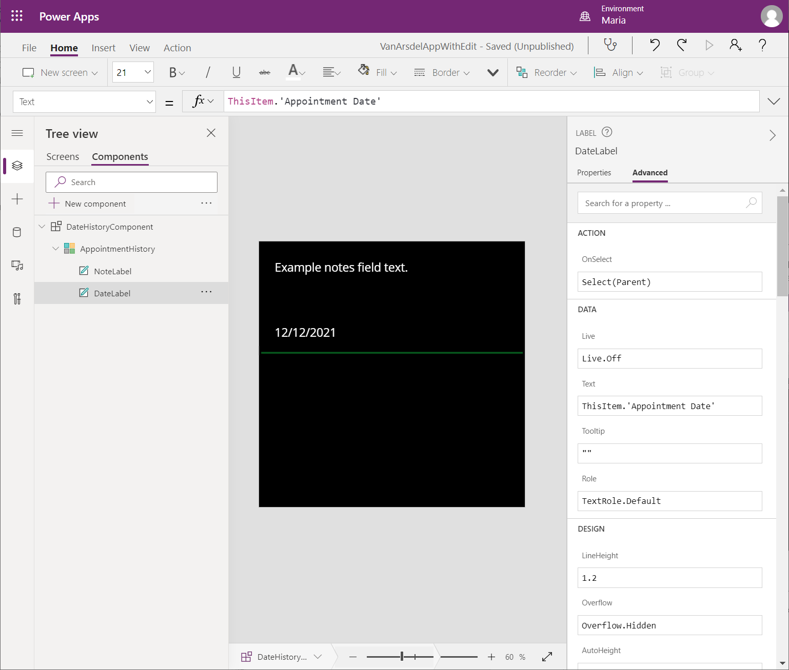 Komponen tersuai dengan data sampel.