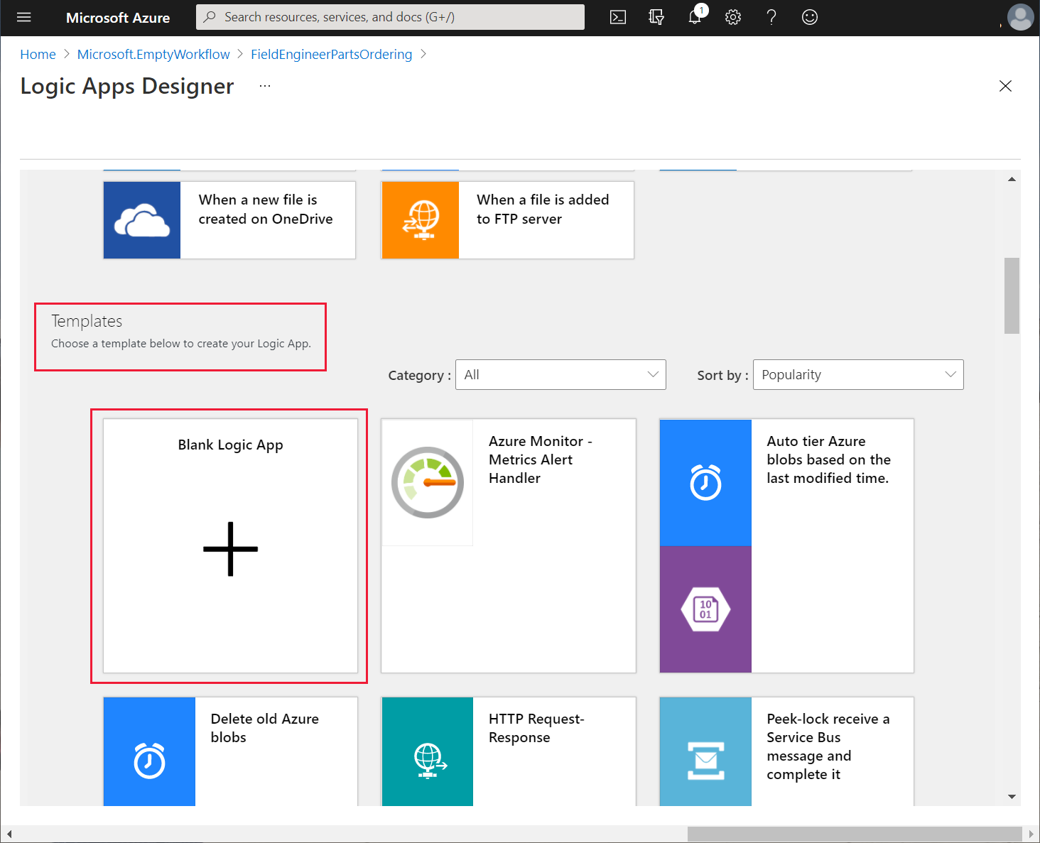 Pilih templat Logic App Kosong.