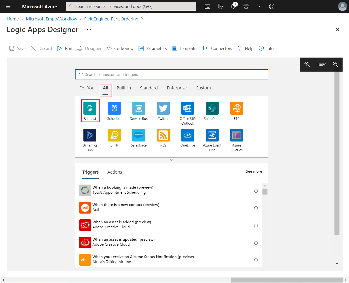 Pilih pencetus Permintaan.