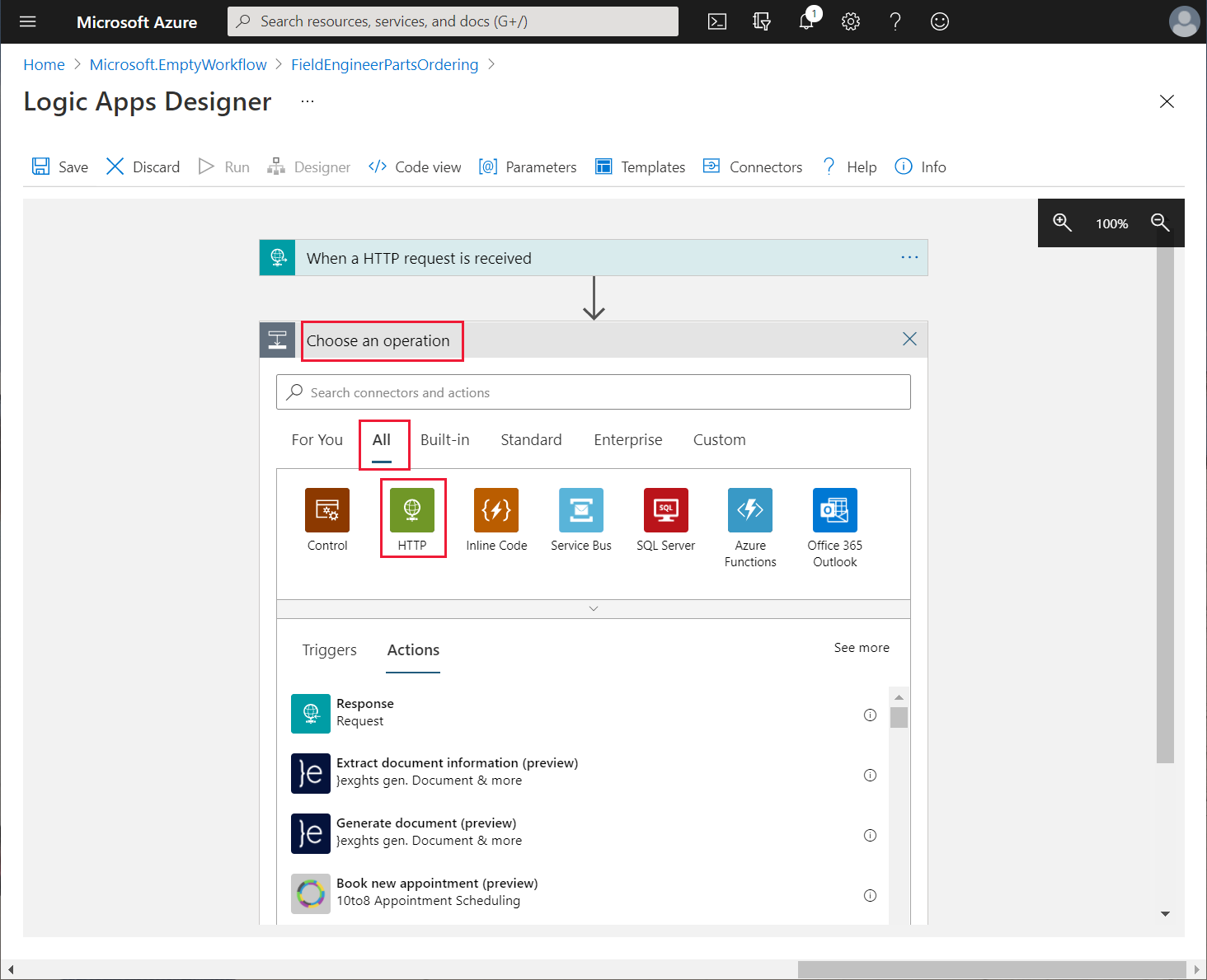 Pilih pilihan operasi HTTP.