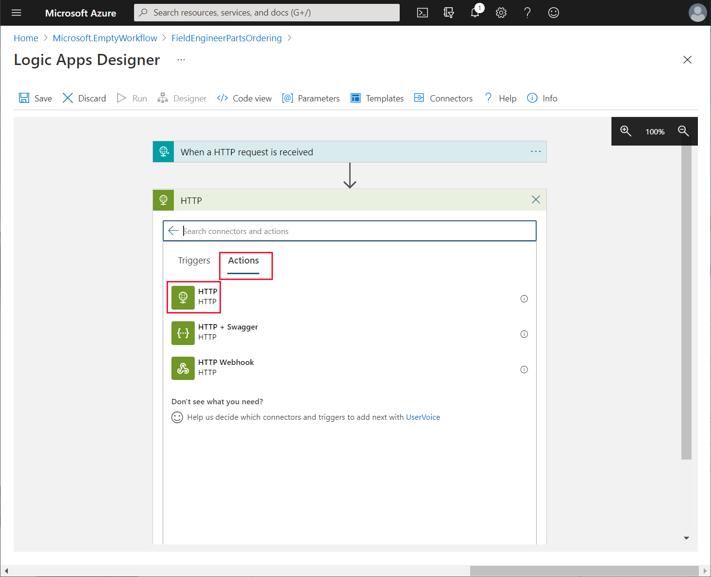 Pilih pilihan tindakan HTTP.