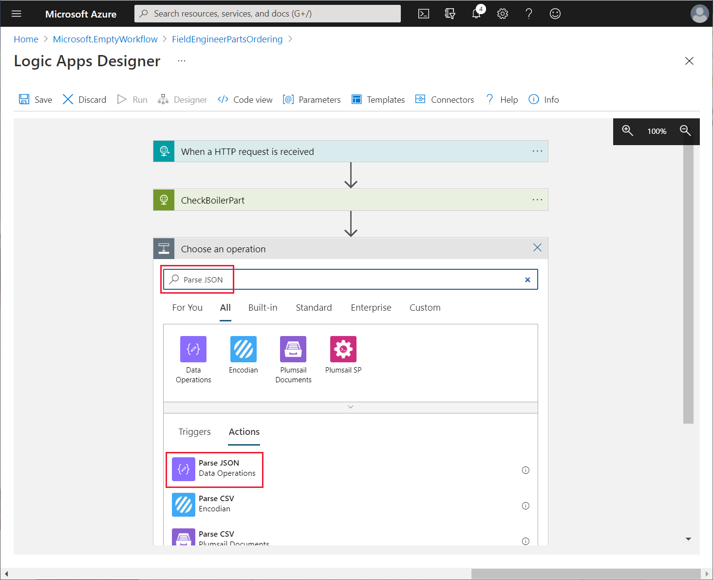 Pilih tindakan Huraikan JSON.