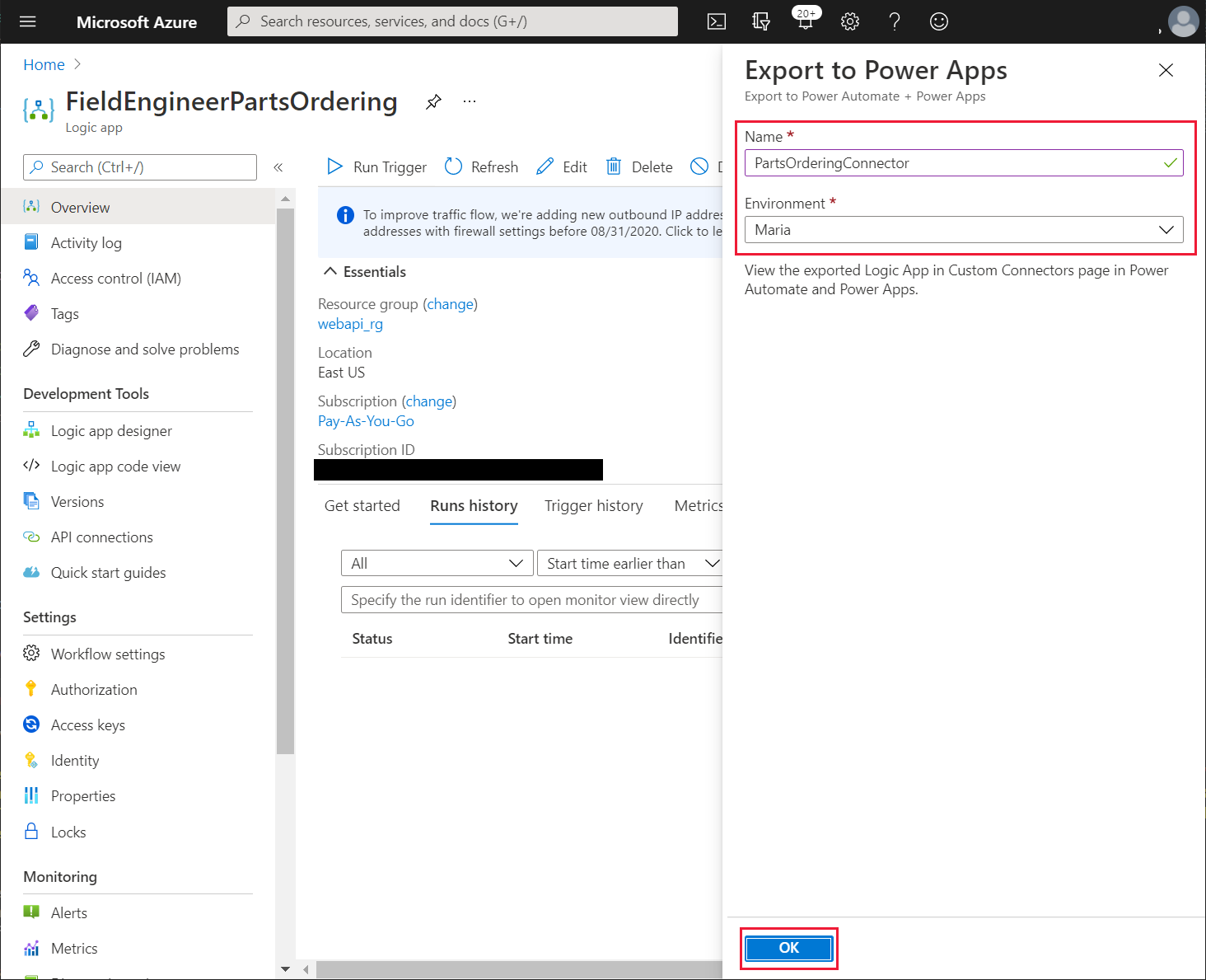 Eksport aplikasi logik ke Power Apps.