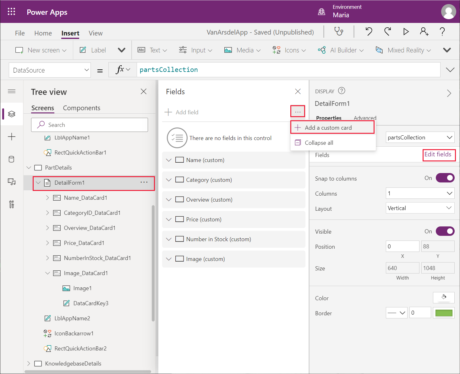 Tambahkan kawalan kad data tersuai pada aplikasi.