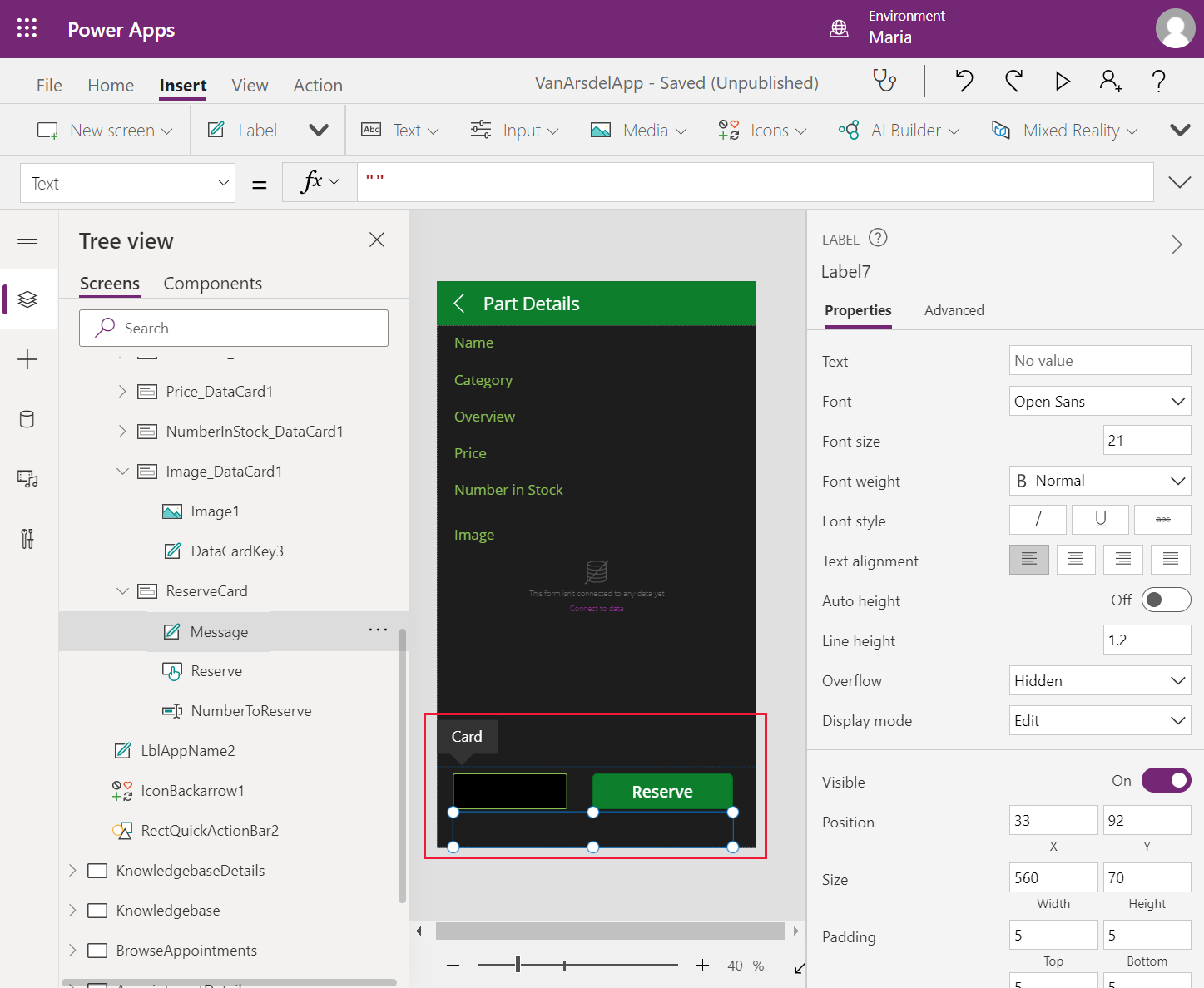 Tataletak skrin ParttDetails.