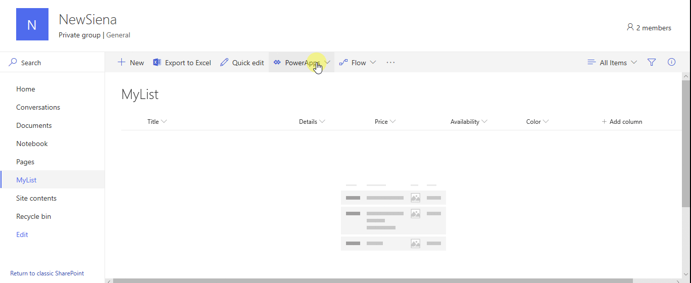 Dalam bar perintah, pilih dan Power Apps kemudian pilih Sesuaikan borang. Power Apps Studio dibuka dalam tab penyemak imbas yang sama. Jika kotak dialog Selamat Datang ke Power Apps Studio dibuka, pilih Langkau.
