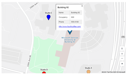 Syot layar pin peta dipilih dalam aplikasi kanvas, dengan kad maklumat yang menunjukkan data Nama, Penghunian dan Telefon lokasi.