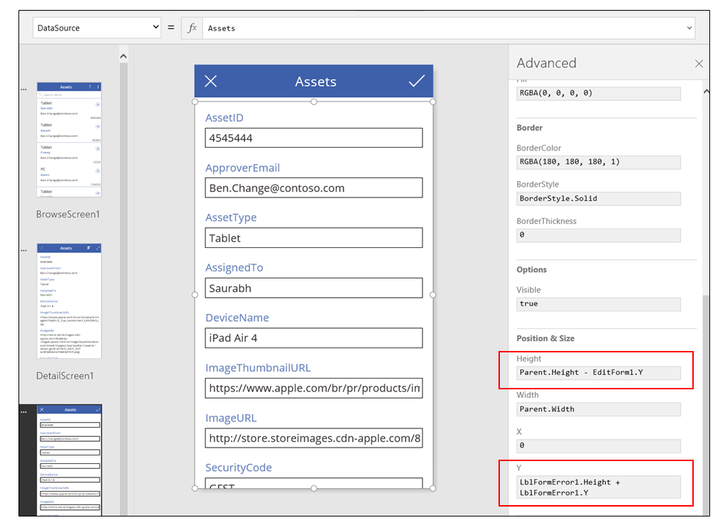 Aplikasi daripada borang edit data dengan kawalan borang yang dipilih.