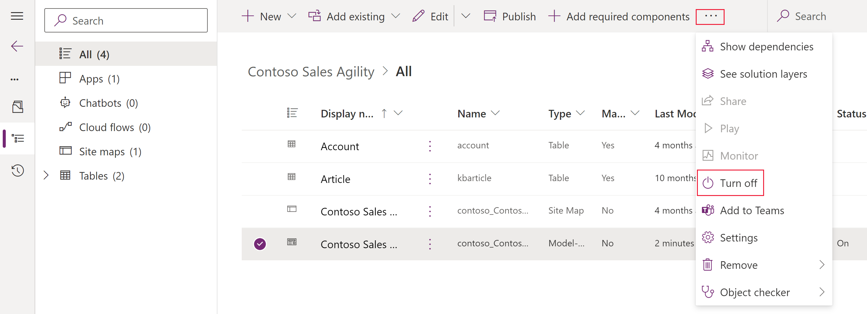 Matikan perintah untuk apl dipacu model.