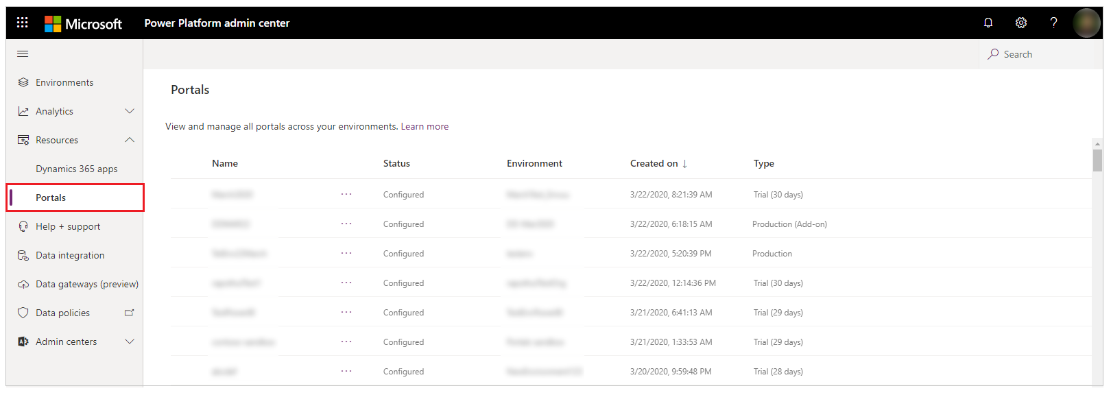 Pilihan Portal dalam pusat pentadbir Power Platform.