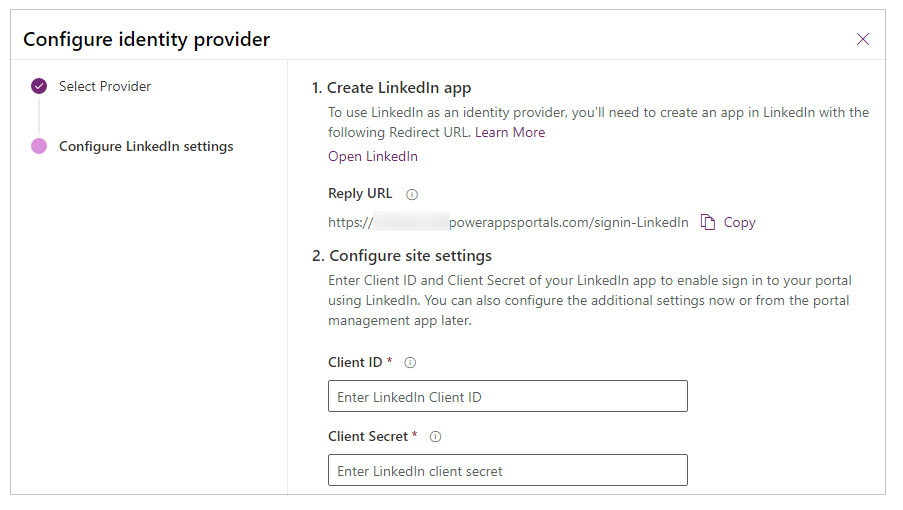Konfigurasikan aplikasi LinkedIn.