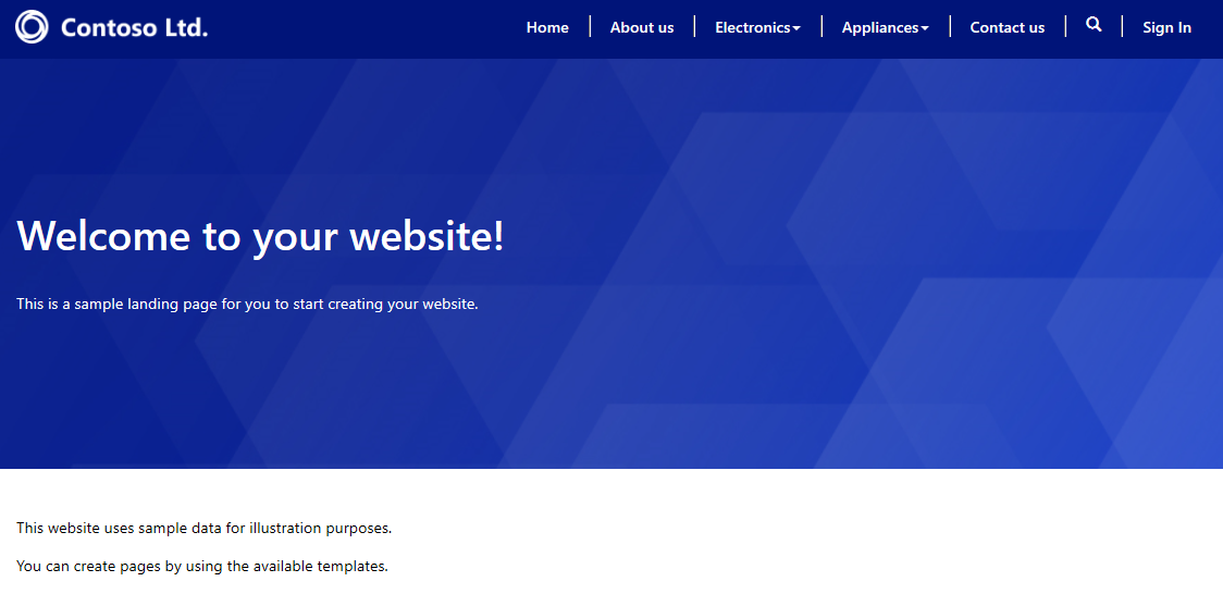 Tangkapan skrin pratonton laman web untuk Conteso Ltd. Terdapat mesej yang dipaparkan di bahagian bawah yang menyatakan: Laman web ini menggunakan data sampel untuk tujuan ilustrasi. Anda boleh mencipta halaman menggunakan templat yang tersedia.