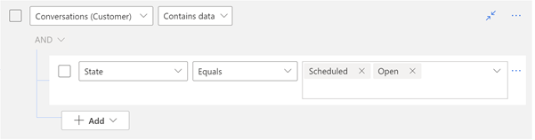 Syot layar editor penapis pandangan, yang menunjukkan syarat yang ditambah daripada jadual berkaitan.