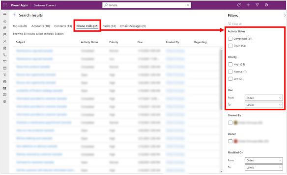 Status Aktiviti, Keutamaan, dan Tempoh faset untuk jadual Panggilan Telefon