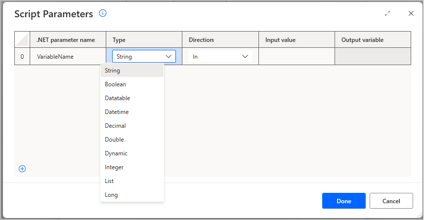 Petikan skrin tetingkap Parameter Skrip dalam tindakan Jalankan skrip .NET, mengesetkan jenis pemboleh ubah