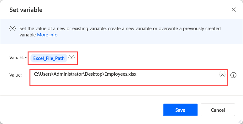 Petikan skrin tindakan Setkan pemboleh ubah diisi dengan laluan fail Excel.