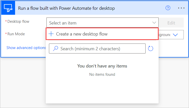 Petikan skrin opsyen dalam Jalankan aliran yang dibina dengan Power Automate untuk tindakan desktop.