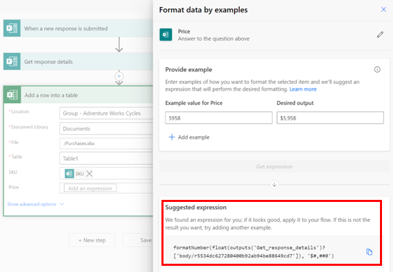 Tangkapan skrin cara memformat nombor ke dalam mata wang dengan memberikan contoh. Power Automate mencadangkan ungkapan untuk mencapai transformasi ini.