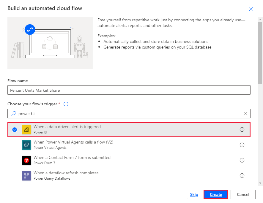 Screenshot of the Build an automated flow screen.