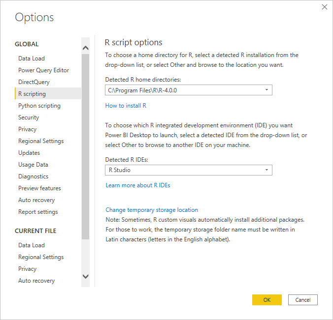 Screenshot of the Options dialog, showing R Studio is entered in the Detected R I D E field.