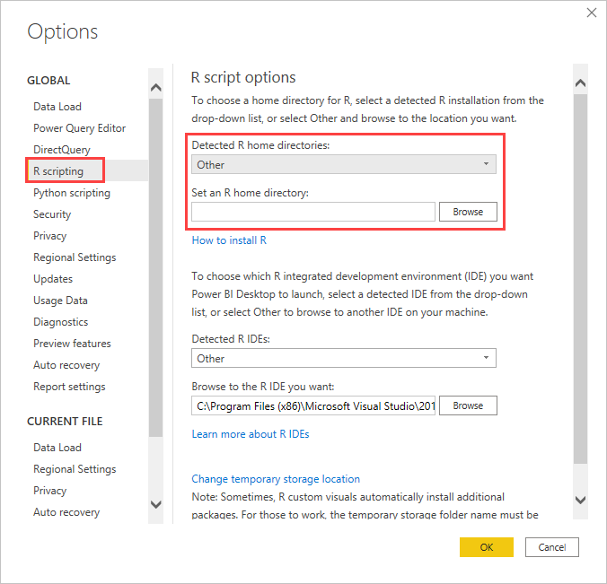 Screenshot of the Options dialog showing R script options with Set an R home directory highlighted.