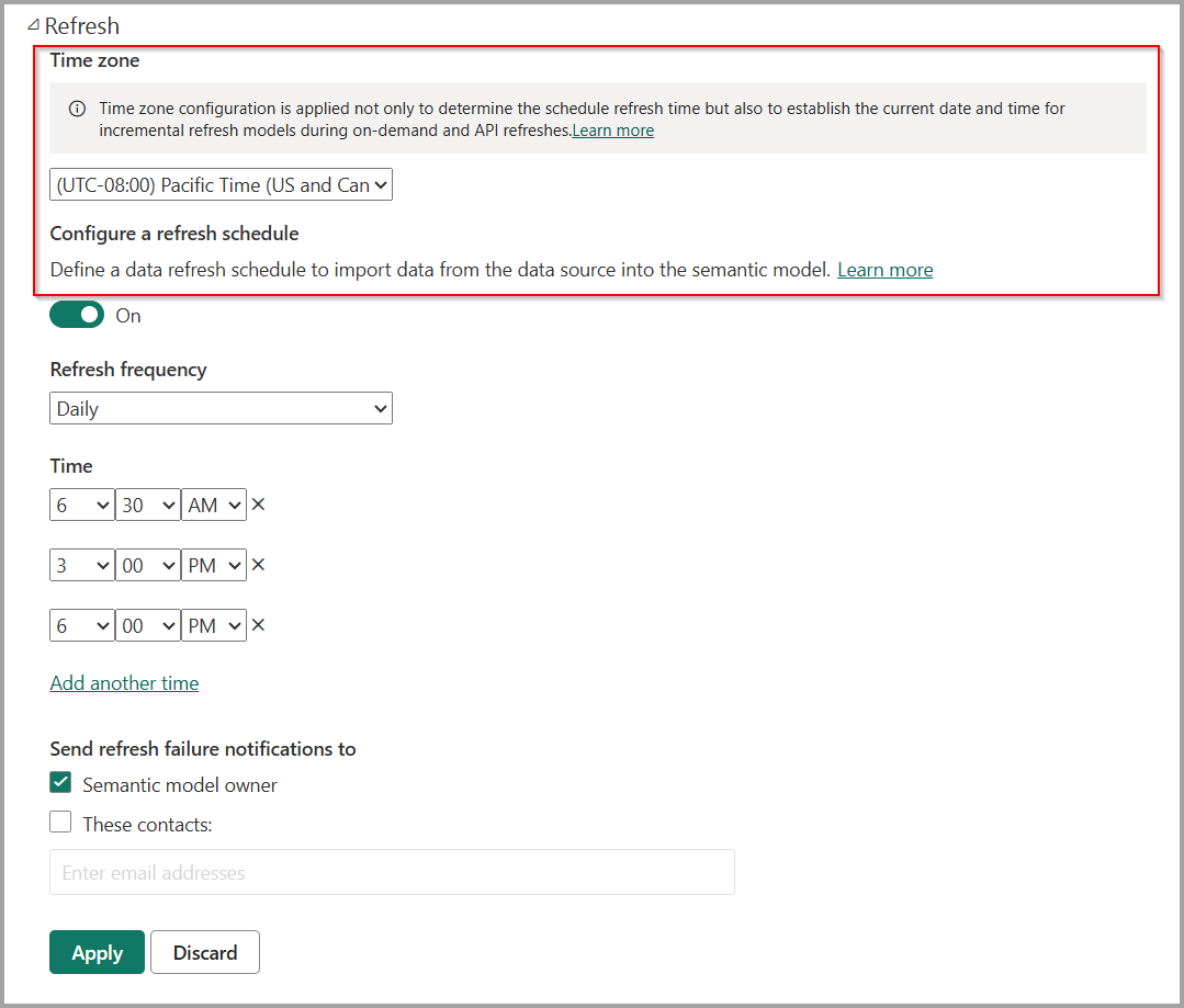 Screenshot of Scheduled refresh dialog showing the Time zone input field