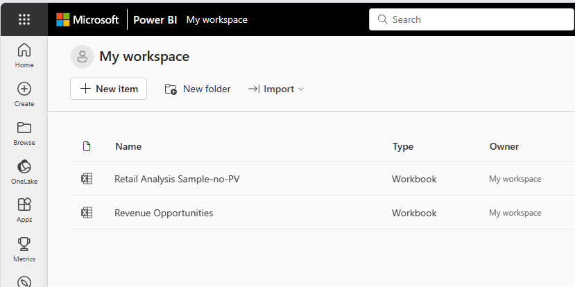 Screenshot that shows workbooks in My workspace.