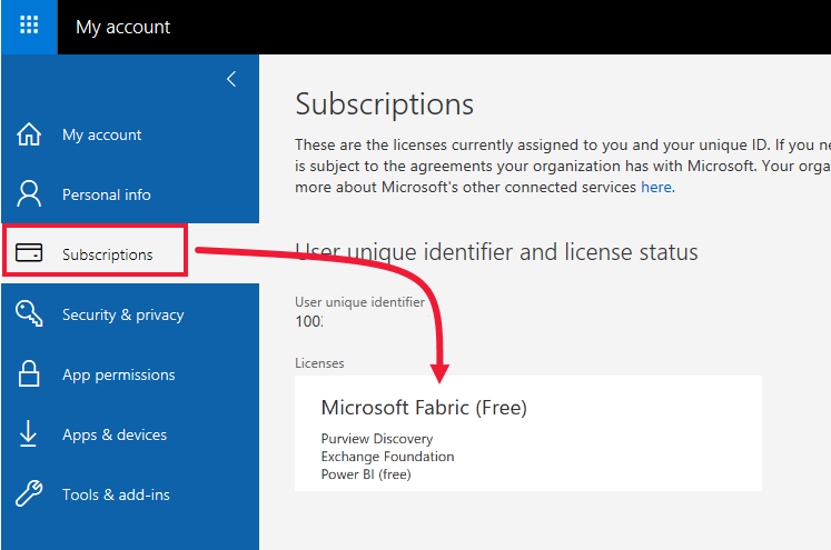 Office portal subscriptions tab