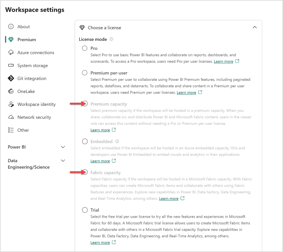 Screenshot of the Premium section of the workspace settings, with arrows pointing to Premium capacity and Fabric capacity.