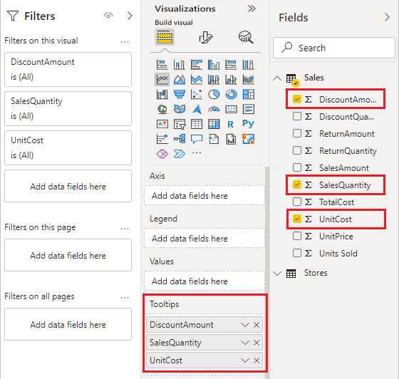 Screenshot of the Build visual pane showing three fields added to the Tooltip field well.