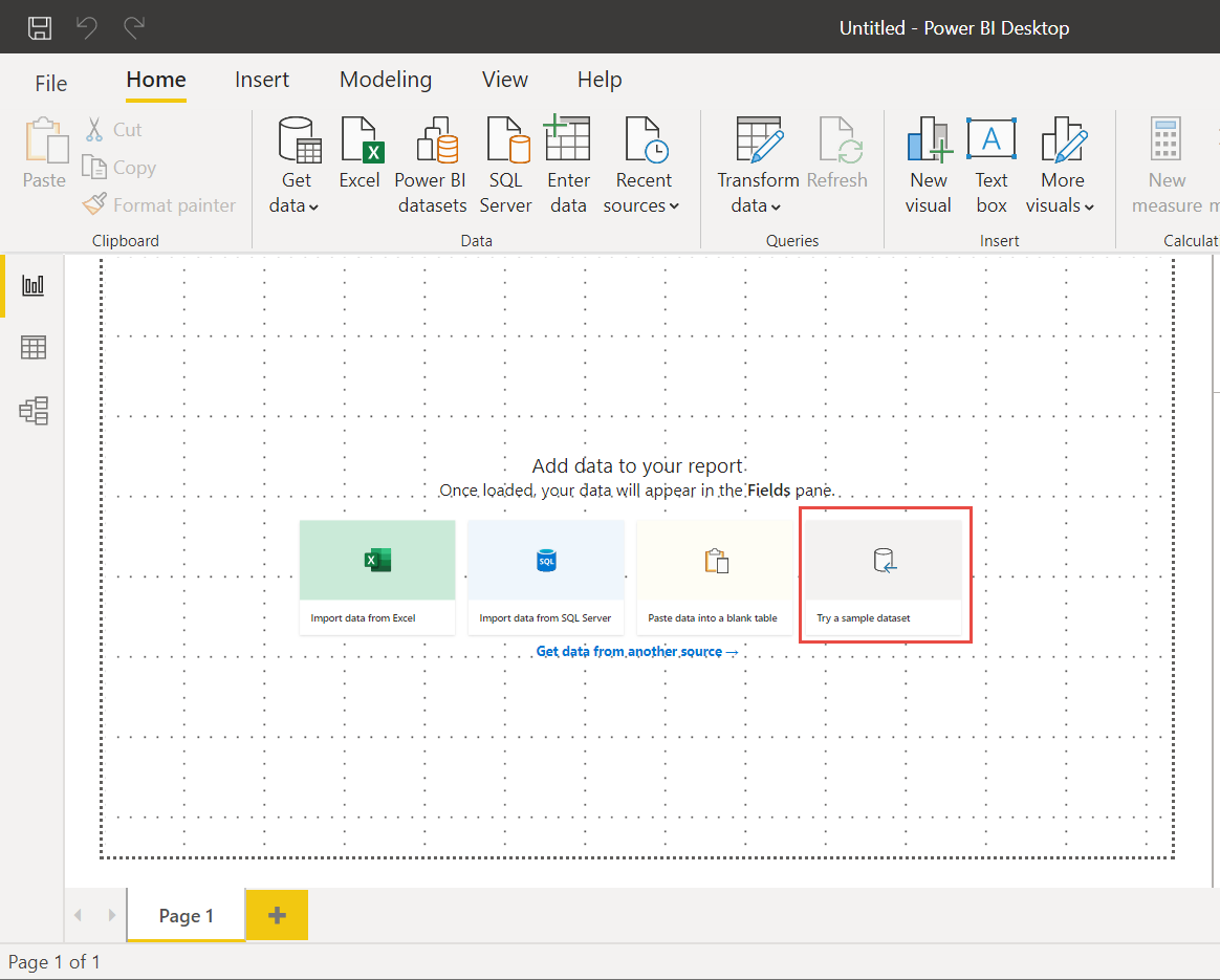 Screenshot of Try a sample semantic model on the canvas.