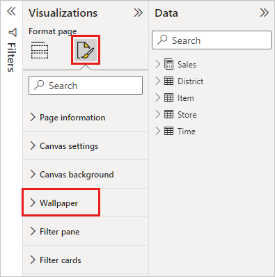 Screenshot of the Visualizations pane, highlighting the Wallpaper option.