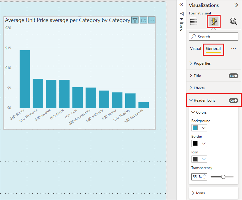 Screenshot shows formatting options for the Visual header.